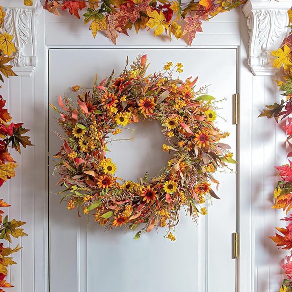 Large Fall Front Door Wreath,28" Artificial Floral Wreath with Colorful Daisies - Picture 2 of 6